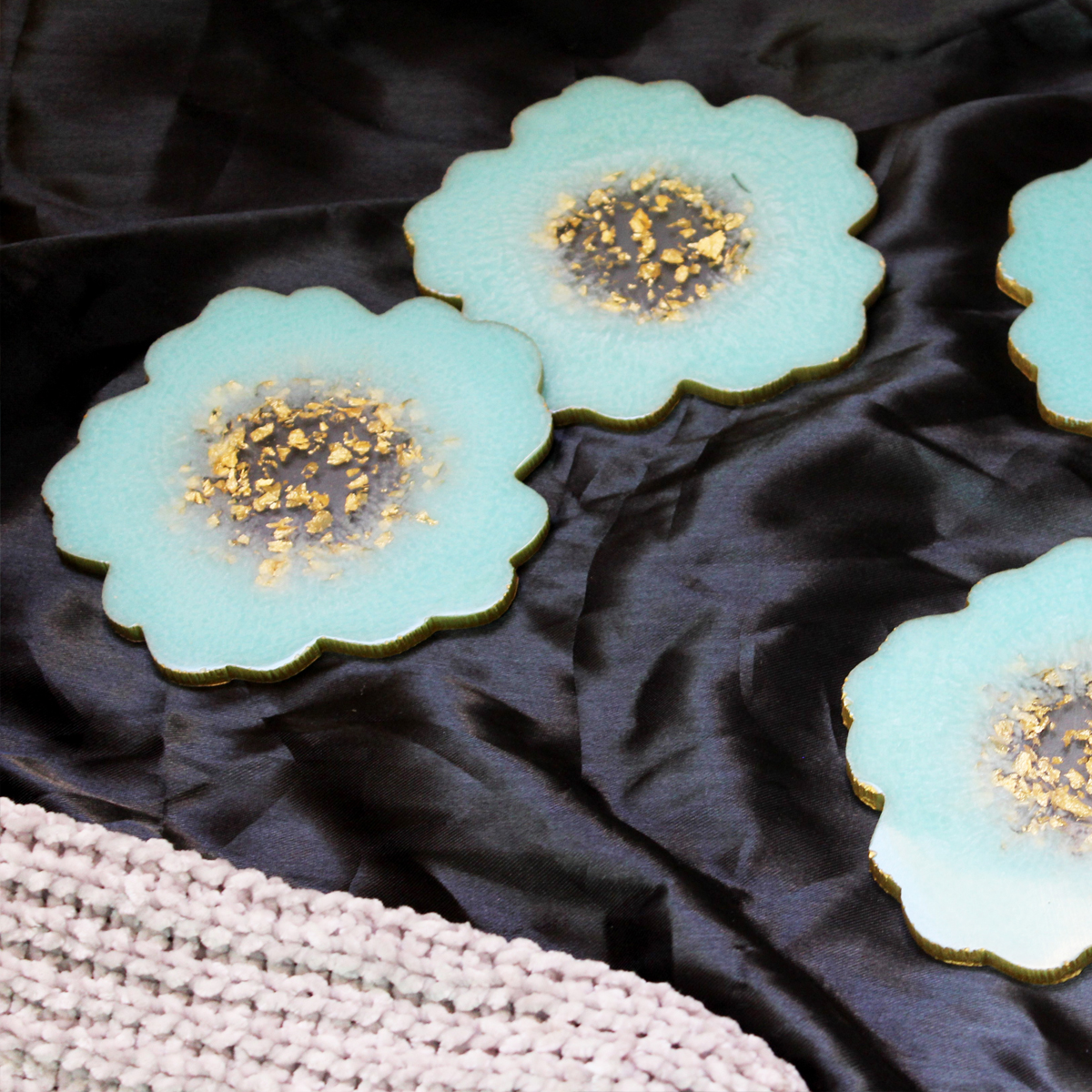 Aquamarine & Gold Flower Shaped Coasters