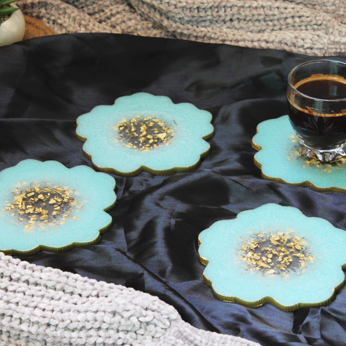 Aquamarine & Gold Flower Shaped Coasters