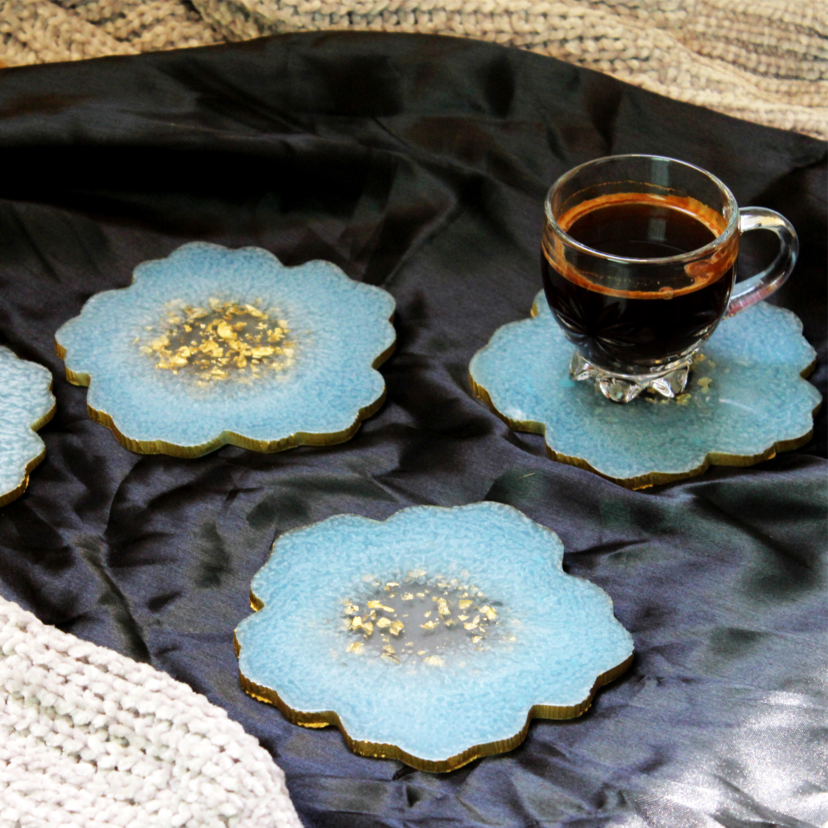 Steel Blue & Gold Flower Shaped Coasters (Set of 2)