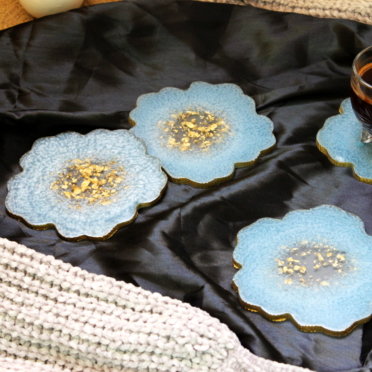 Steel Blue & Gold Flower Shaped Coasters (Set of 2)