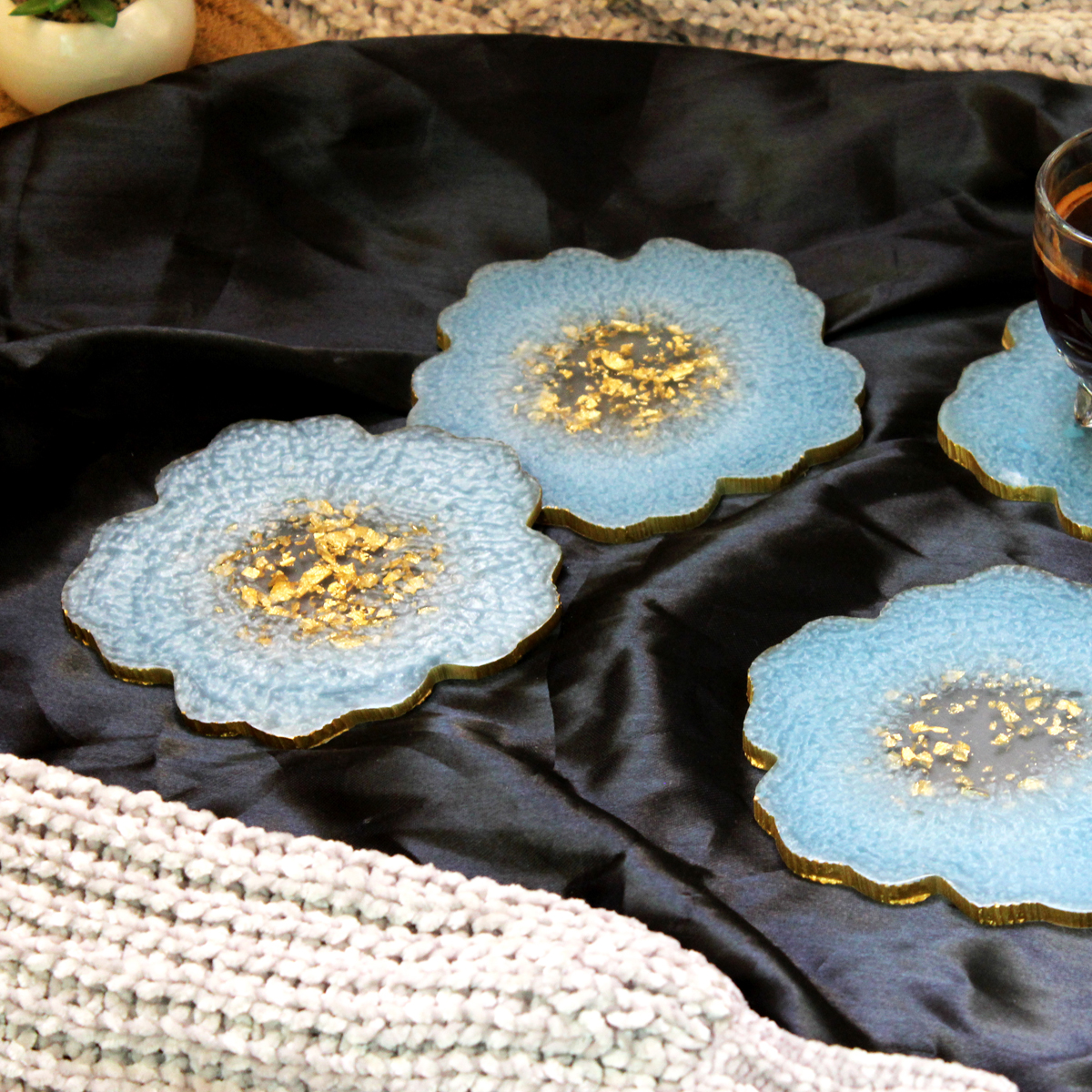 Steel Blue & Gold Flower Shaped Coasters (Set of 2)