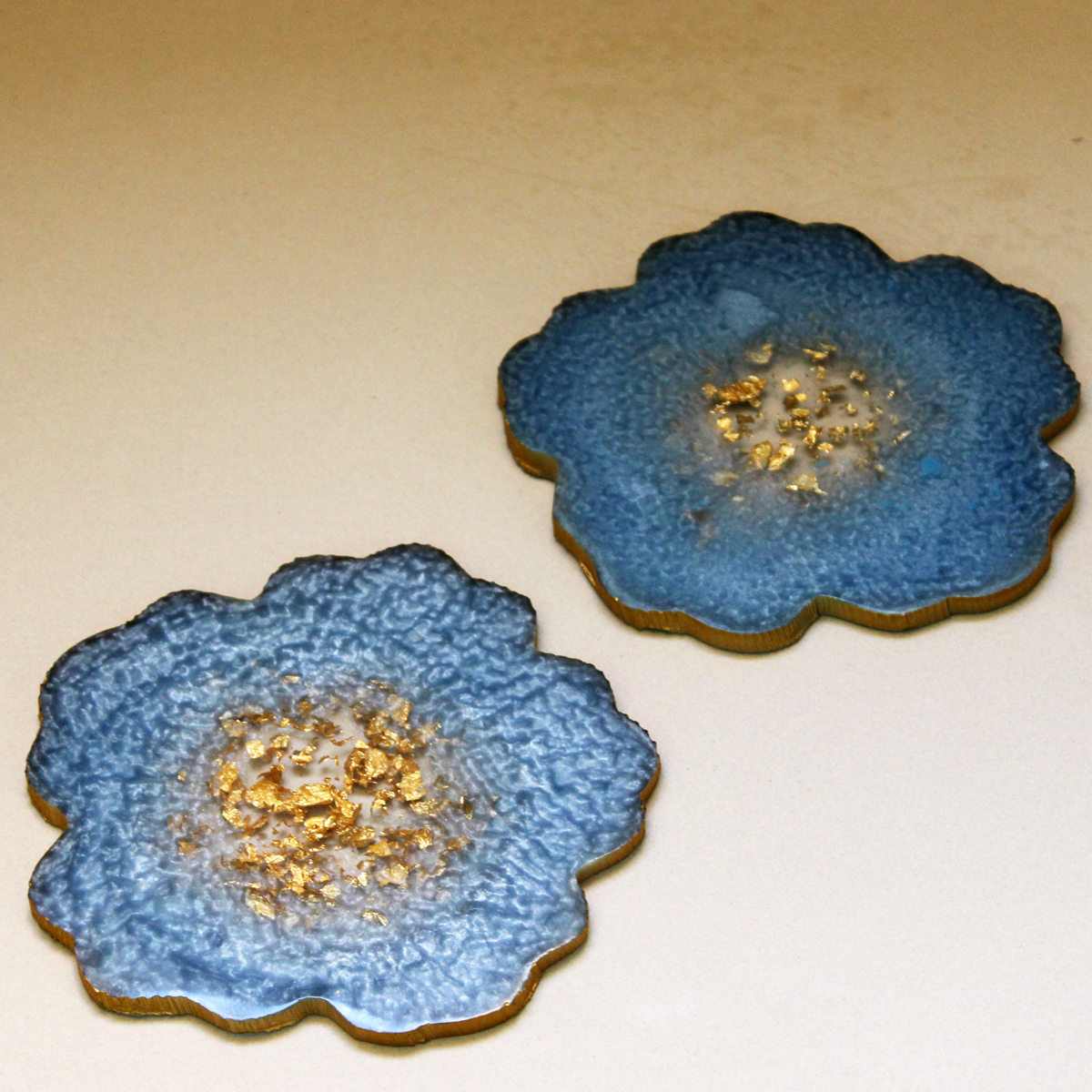 Steel Blue & Gold Flower Shaped Coasters (Set of 2)