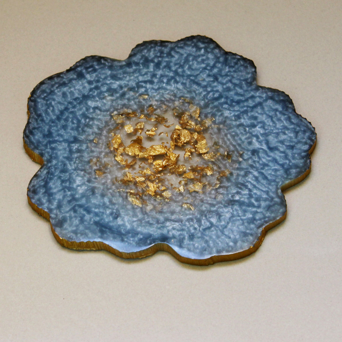 Steel Blue & Gold Flower Shaped Coasters (Set of 2)