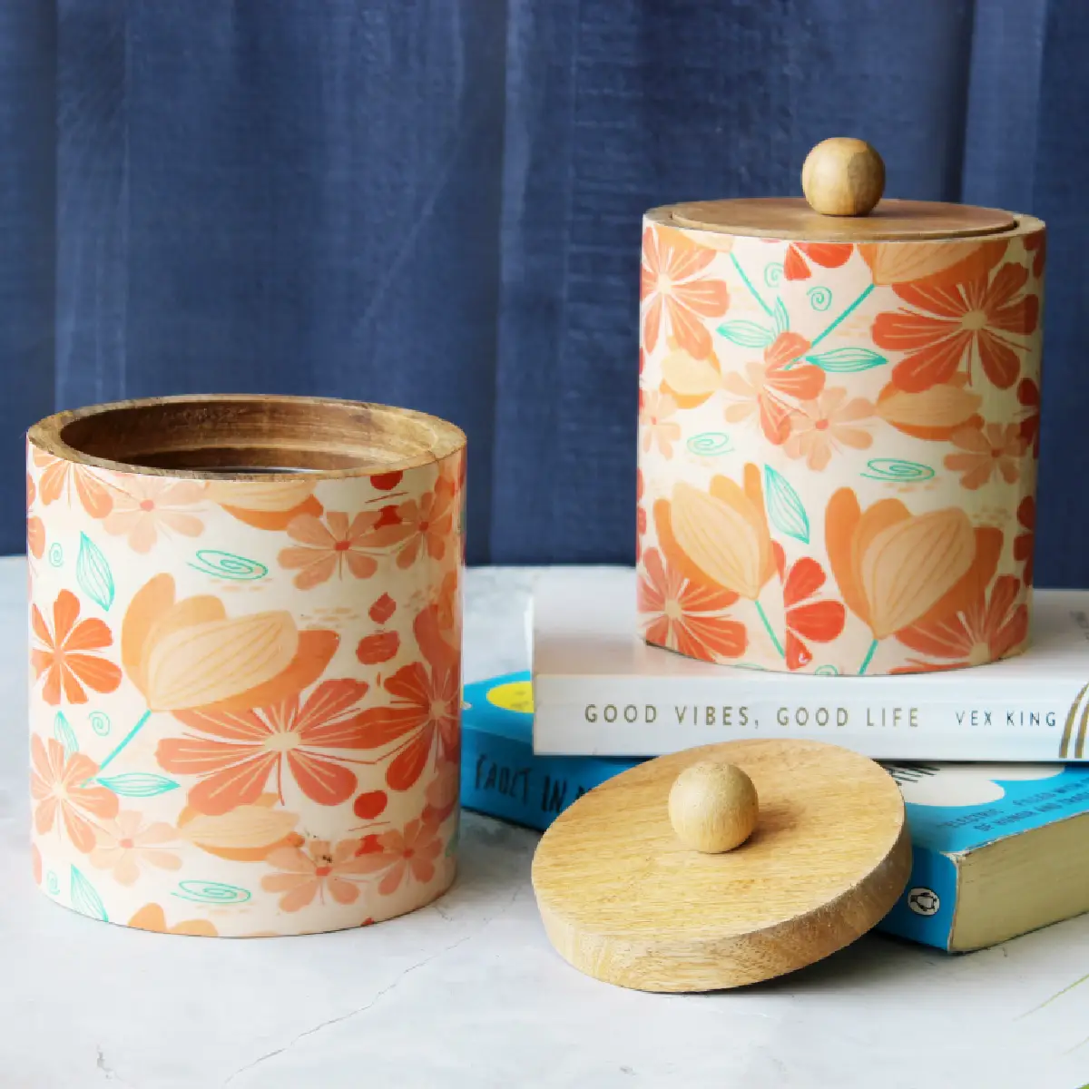 Peach Floral Mangowood with Stainless Steel Storage Jar with Lid