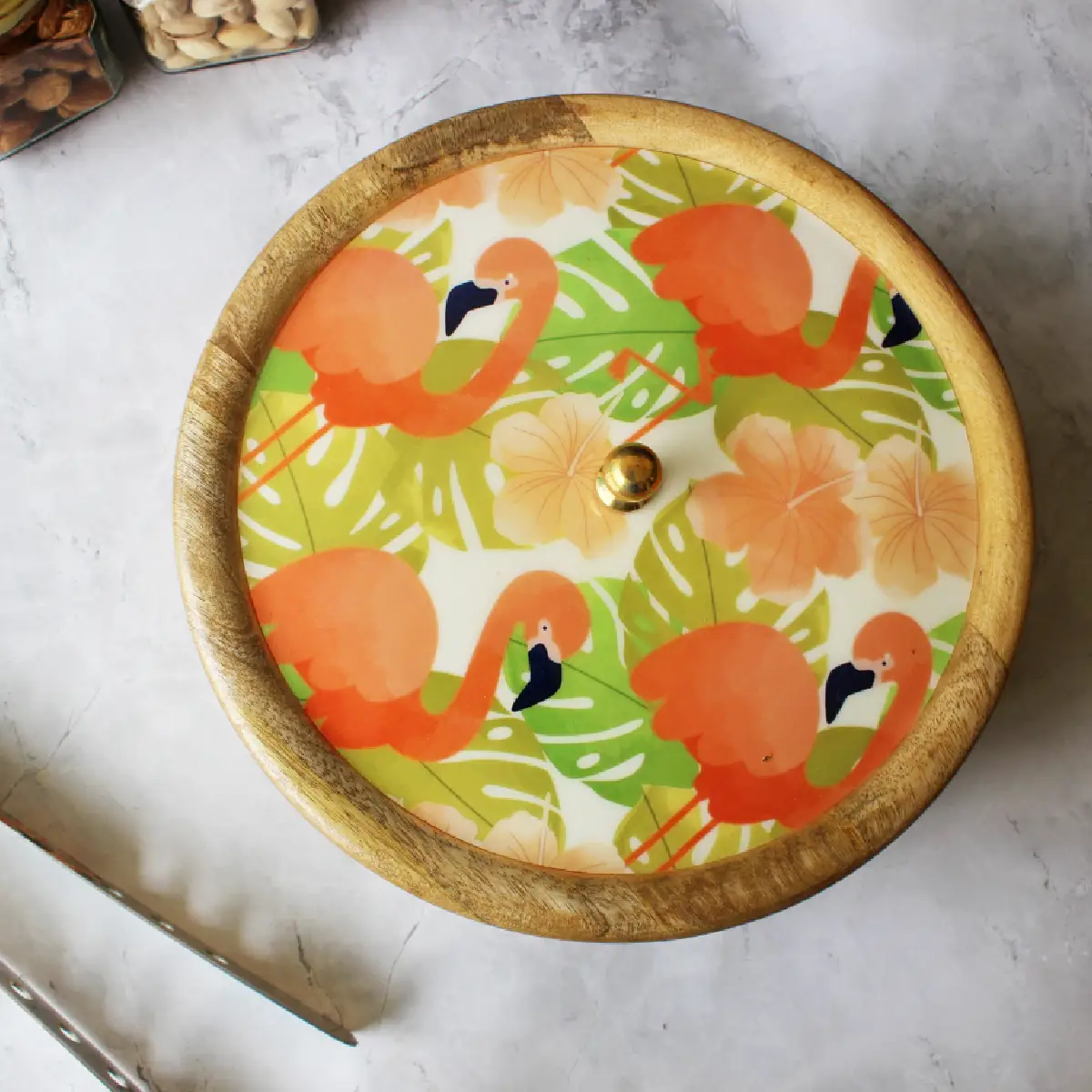 Flamingo Fiesta Mangowood with Stainless Steel Chapati Box/ Casserole/Storage Box with Tong