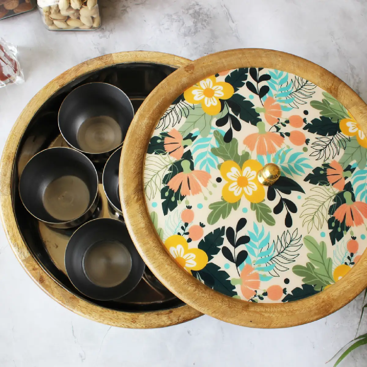 Sunnyside Gardenia Mangowood with Stainless Steel Masala Box with Spoon