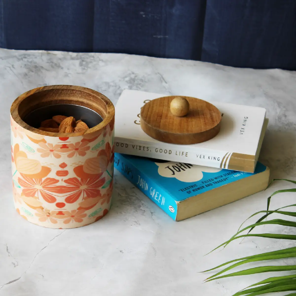 Peach Floral Mangowood with Stainless Steel Storage Jar with Lid