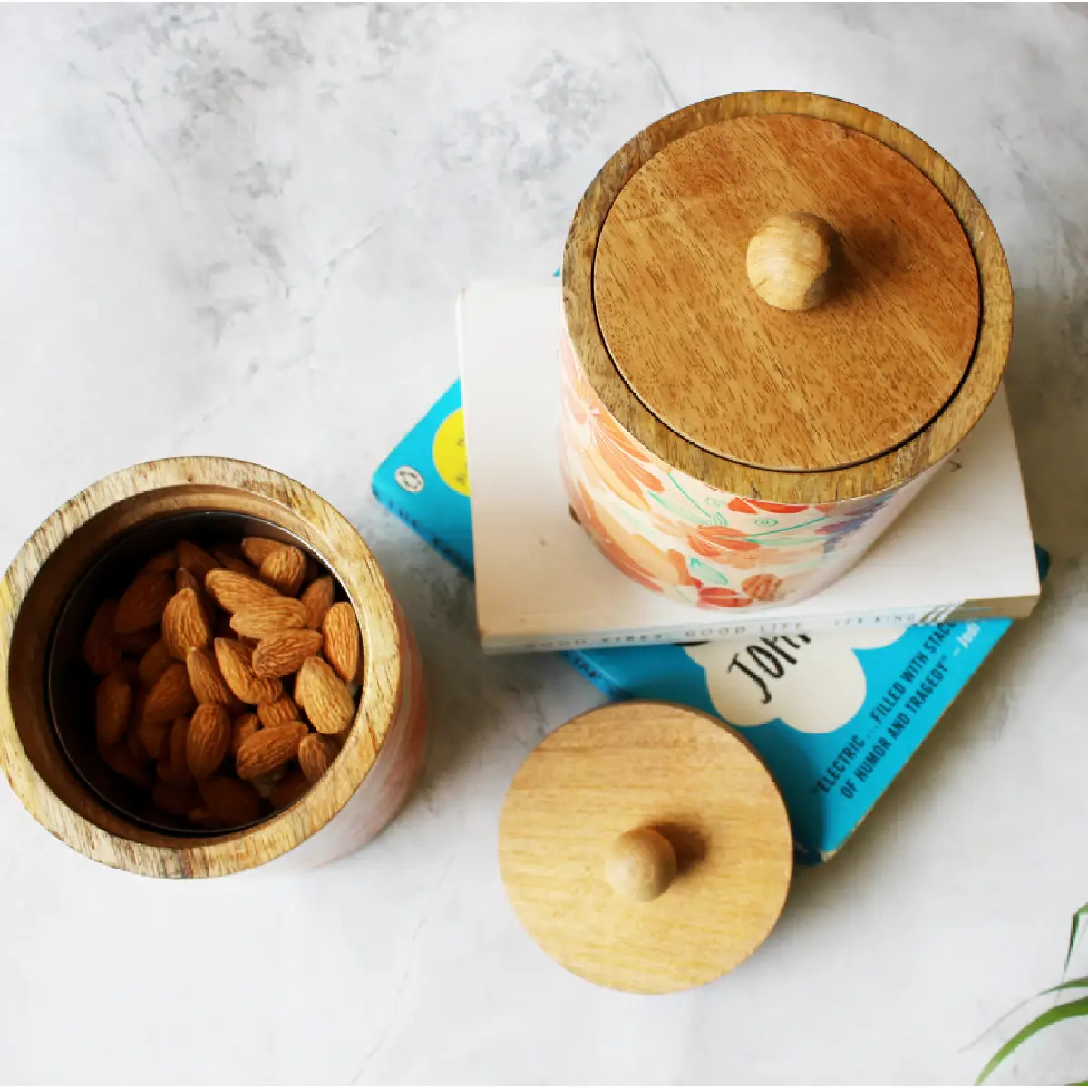 Peach Floral Mangowood with Stainless Steel Storage Jar with Lid