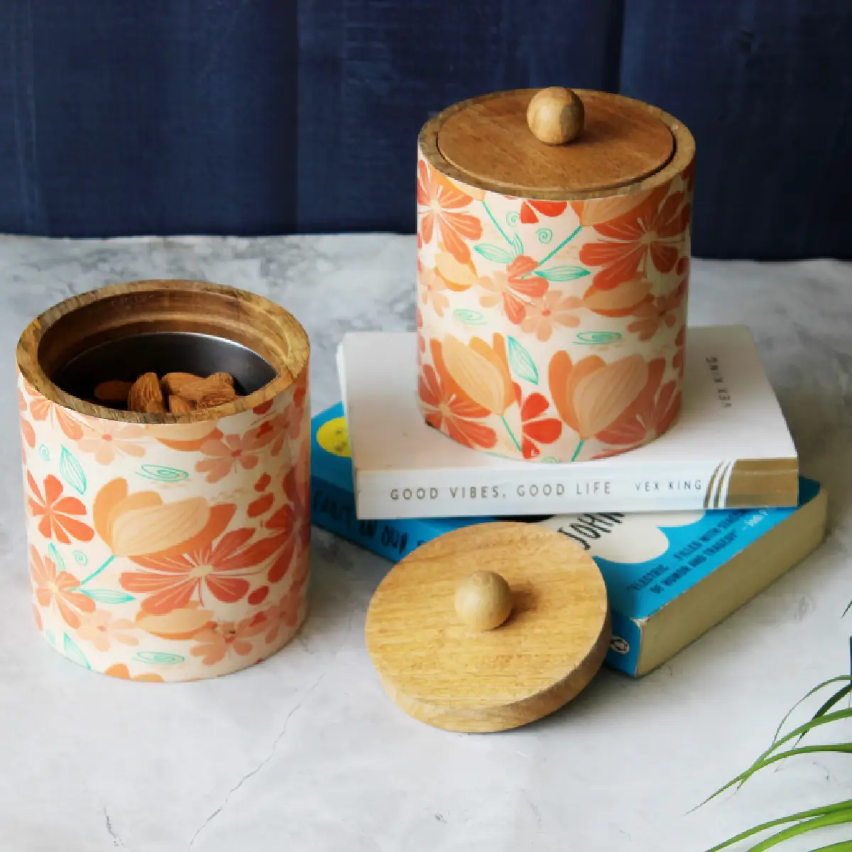 Peach Floral Mangowood with Stainless Steel Storage Jar with Lid