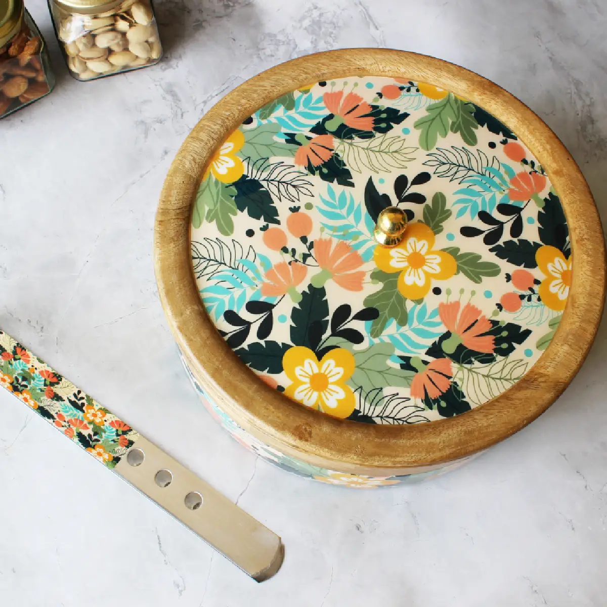 Sunnyside Gardenia Mangowood with Stainless Steel Chapati Box/ Casserole/Storage Box with Tong