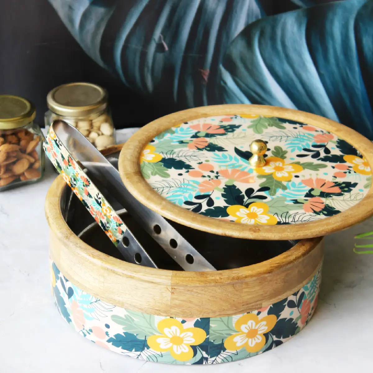 Sunnyside Gardenia Mangowood with Stainless Steel Chapati Box/ Casserole/Storage Box with Tong