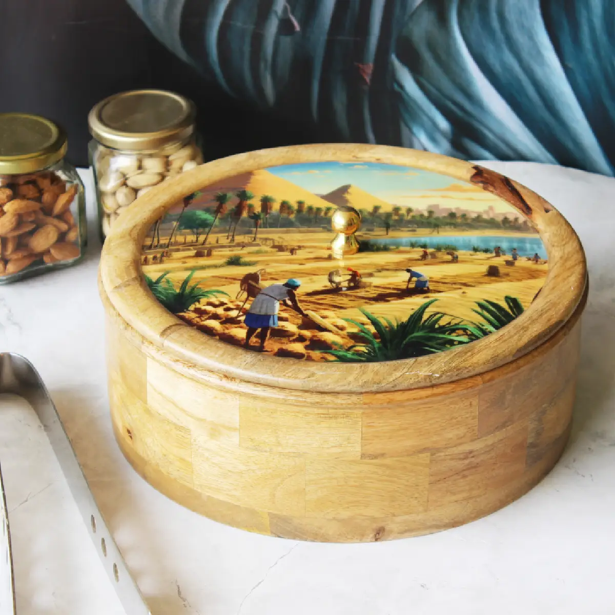 Vinatge Rural  Mangowood with Stainless Steel Chapati Box/ Casserole/Storage Box with Tong