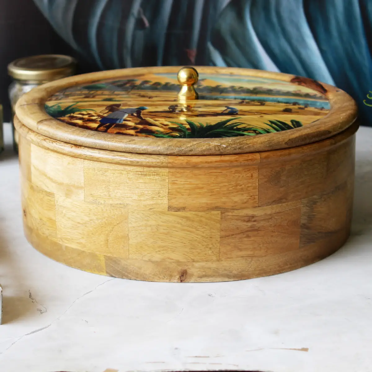 Vinatge Rural  Mangowood with Stainless Steel Chapati Box/ Casserole/Storage Box with Tong