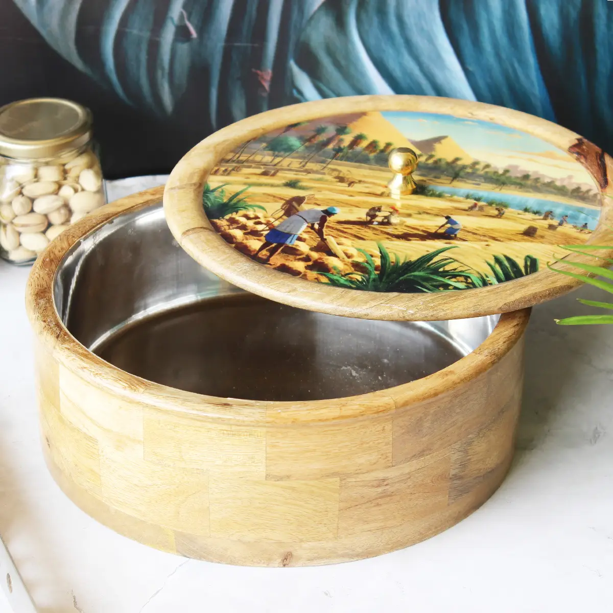 Vinatge Rural  Mangowood with Stainless Steel Chapati Box/ Casserole/Storage Box with Tong