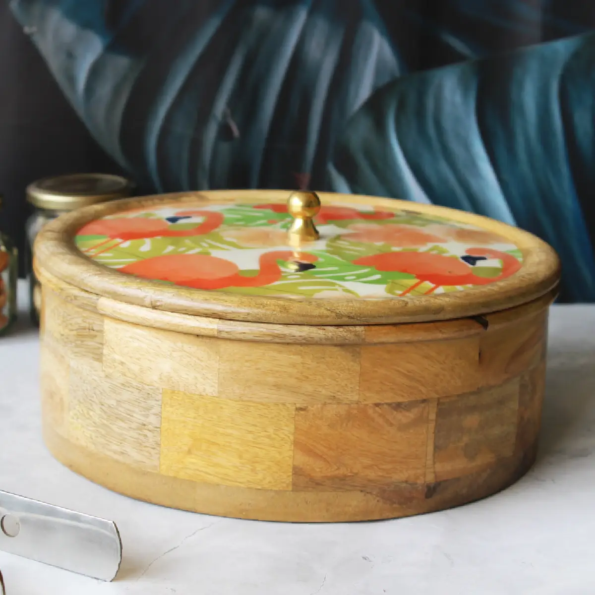 Flamingo Fiesta Mangowood with Stainless Steel Chapati Box/ Casserole/Storage Box with Tong