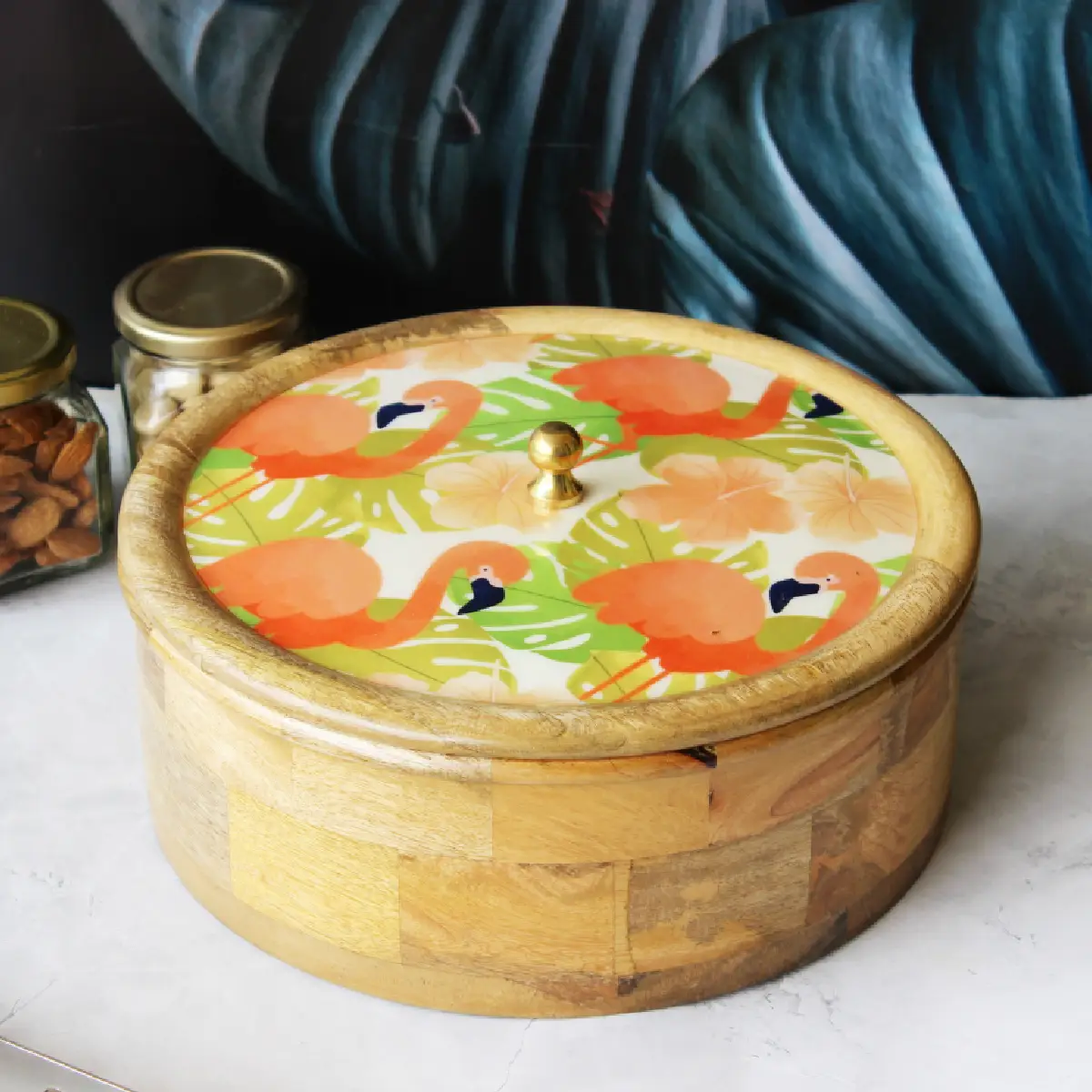 Flamingo Fiesta Mangowood with Stainless Steel Chapati Box/ Casserole/Storage Box with Tong