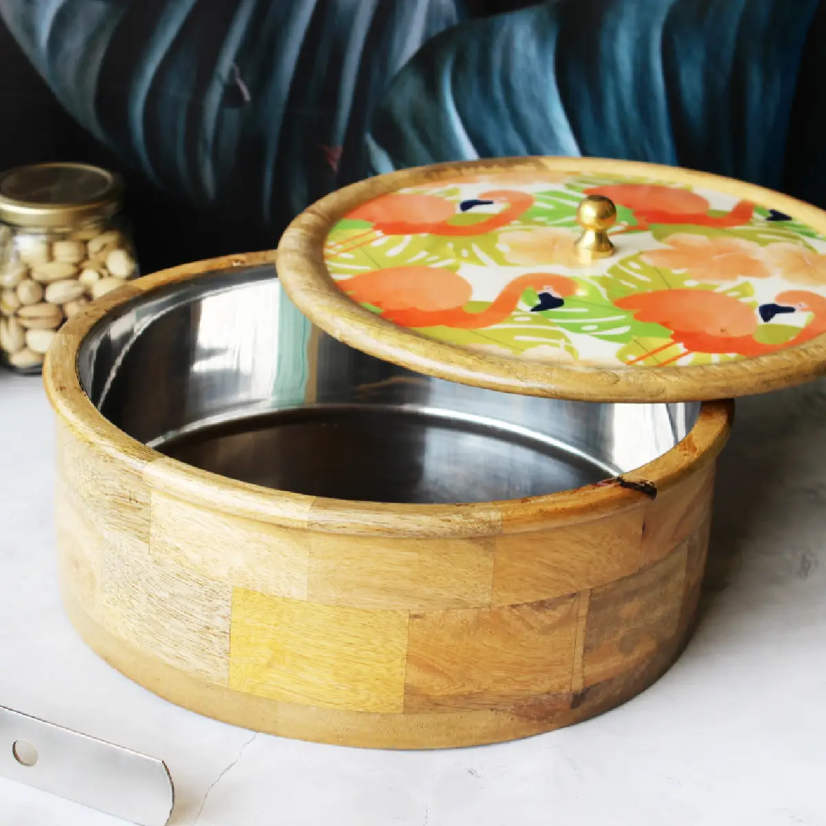 Flamingo Fiesta Mangowood with Stainless Steel Chapati Box/ Casserole/Storage Box with Tong