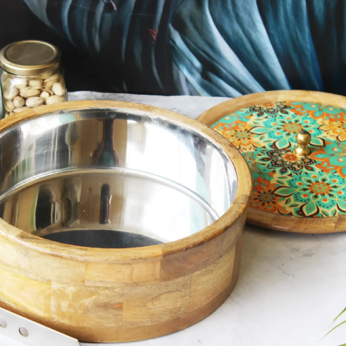 Fresh Squeeze Bloom  Mangowood with Stainless Steel Chapati Box/ Casserole/Storage Box with Tong
