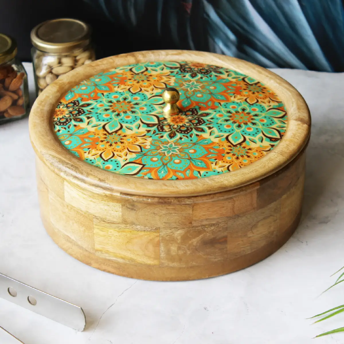 Fresh Squeeze Bloom  Mangowood with Stainless Steel Chapati Box/ Casserole/Storage Box with Tong