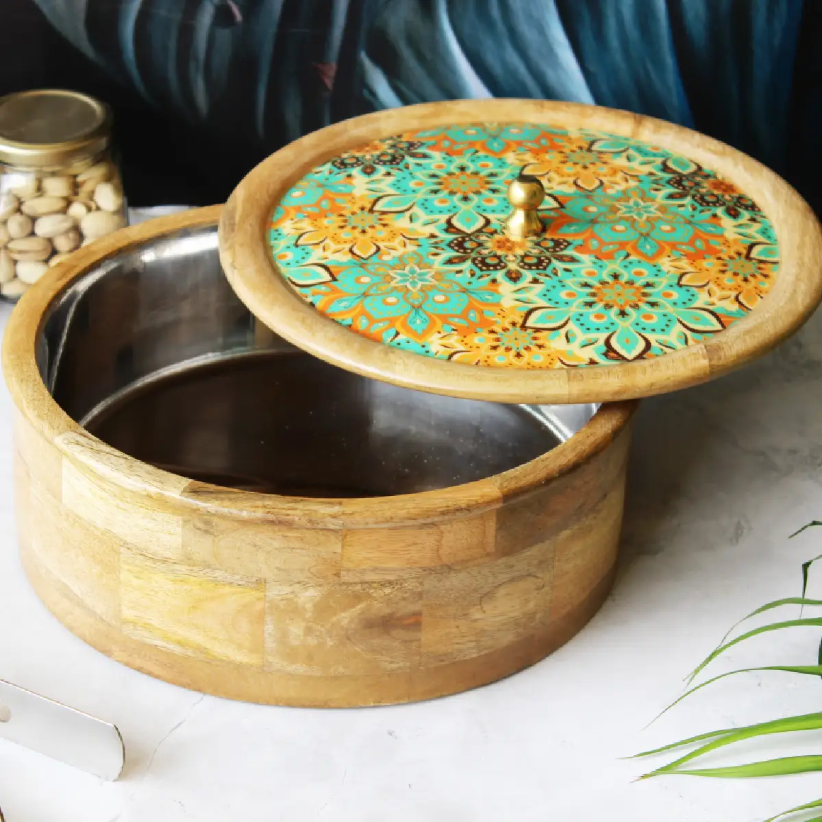 Fresh Squeeze Bloom  Mangowood with Stainless Steel Chapati Box/ Casserole/Storage Box with Tong