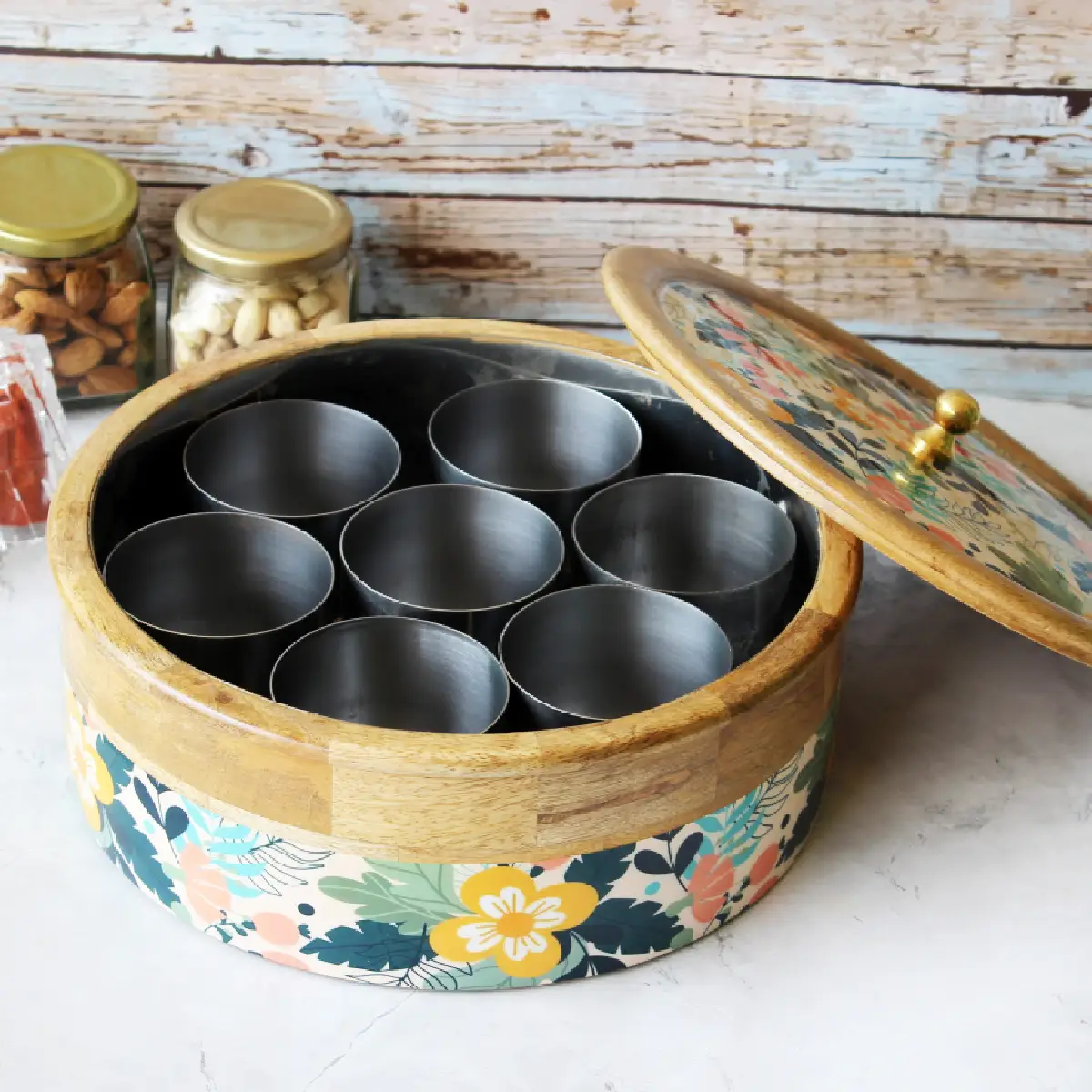 Sunnyside Gardenia Mangowood with Stainless Steel Masala Box with Spoon