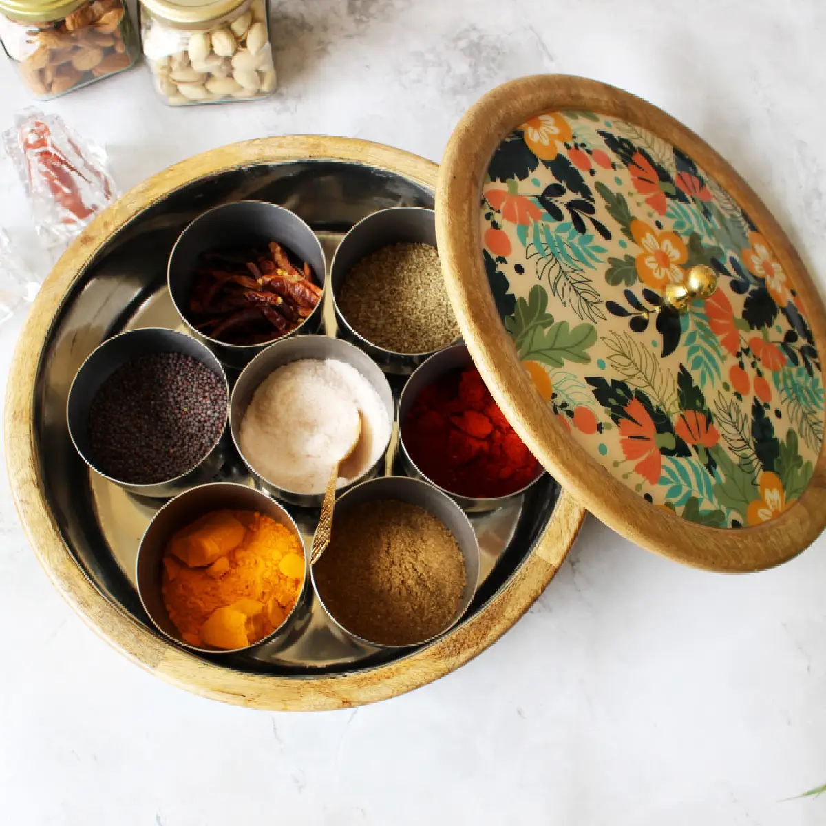 Sunnyside Gardenia Mangowood with Stainless Steel Masala Box with Spoon