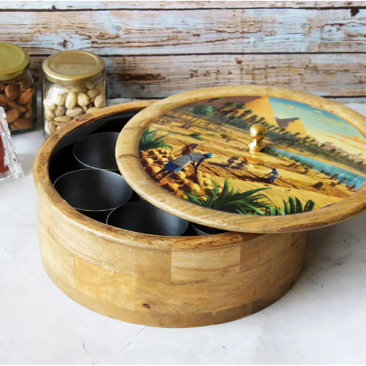 Vinatge Rural  Mangowood with Stainless Steel Masala Box with Spoon