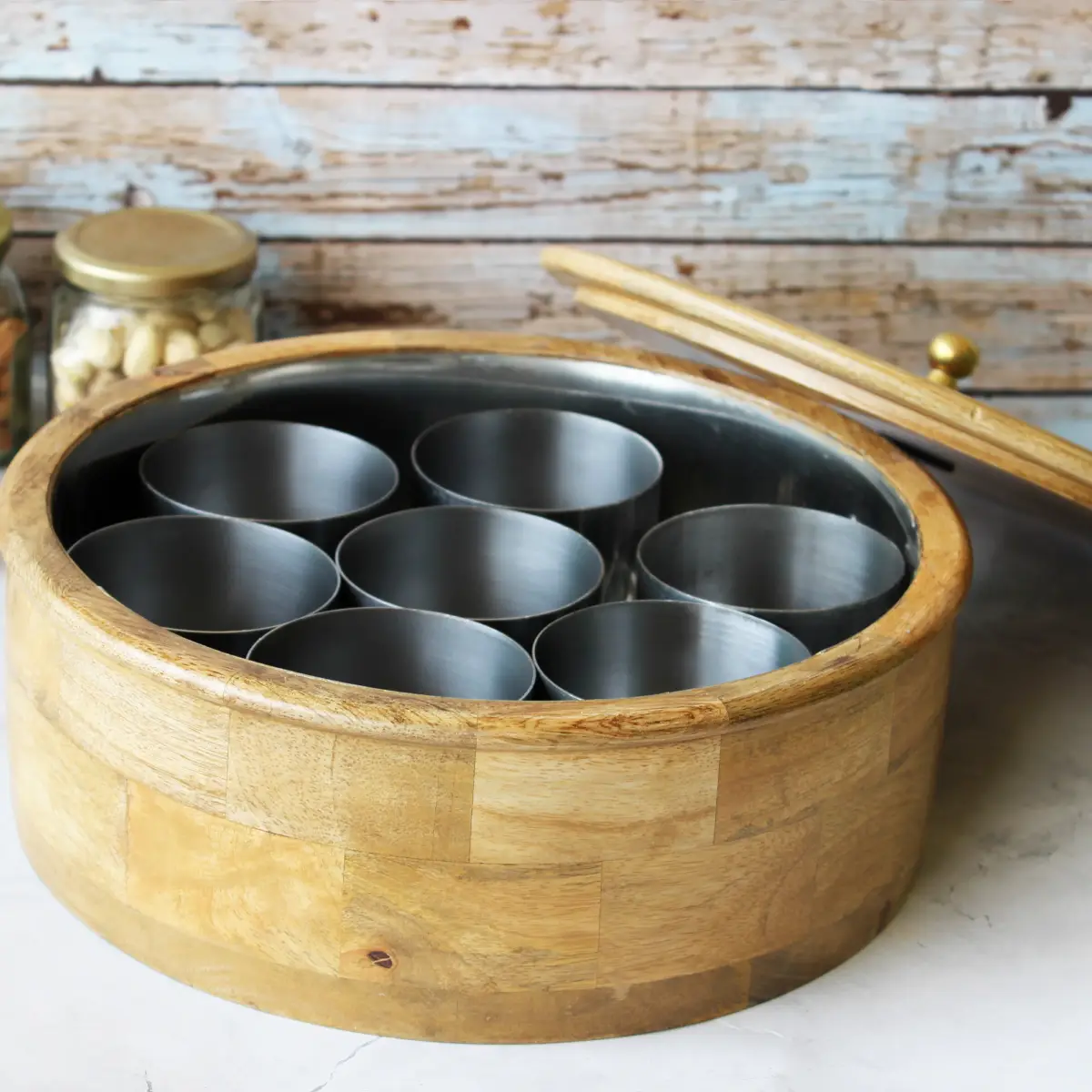 Vinatge Rural  Mangowood with Stainless Steel Masala Box with Spoon