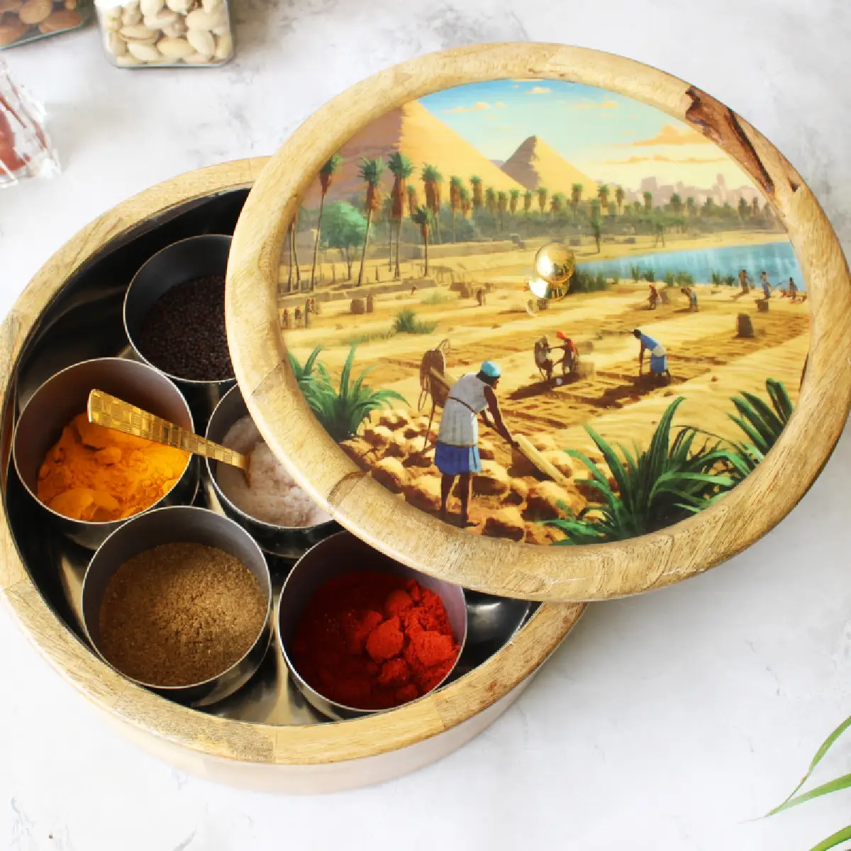 Vinatge Rural  Mangowood with Stainless Steel Masala Box with Spoon