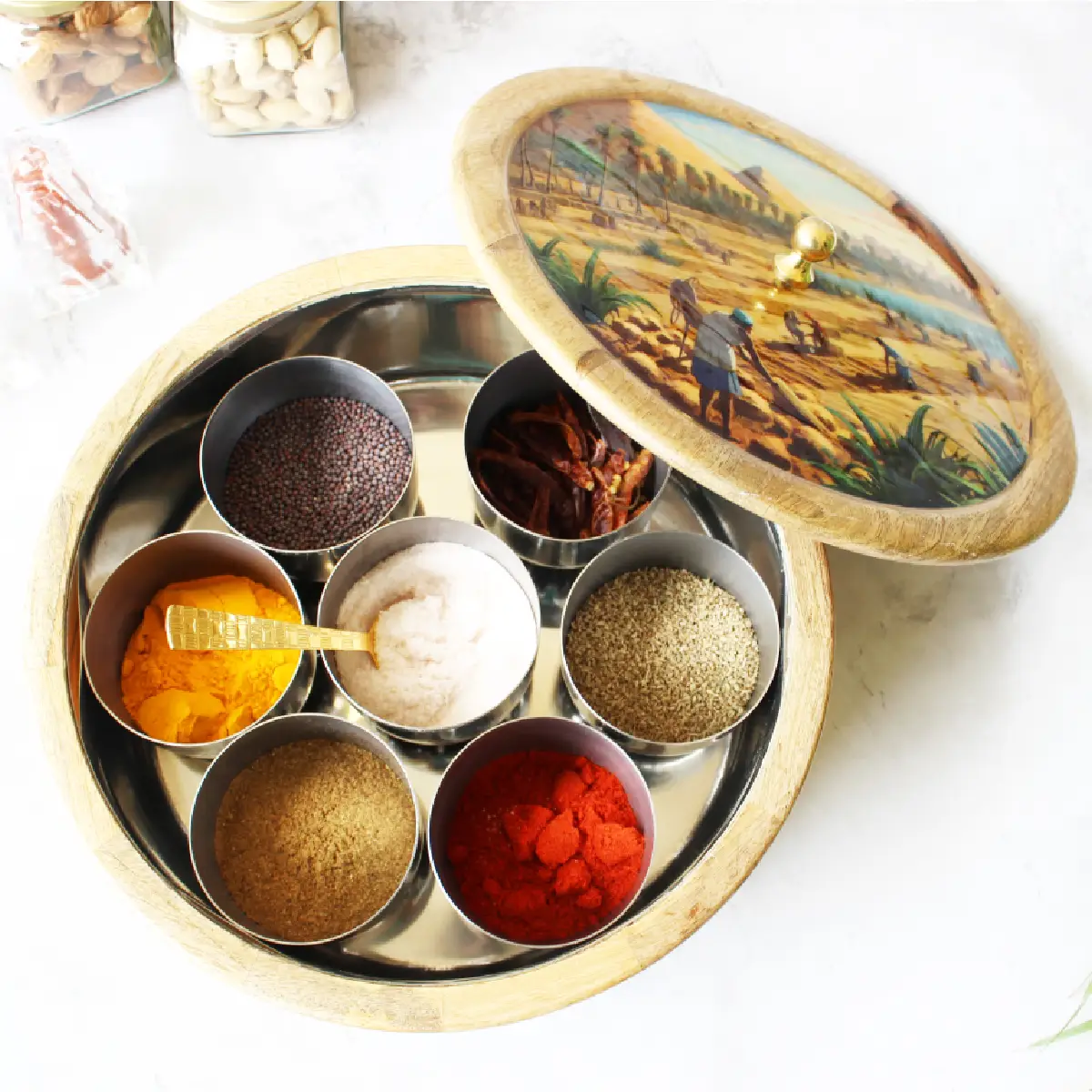 Vinatge Rural  Mangowood with Stainless Steel Masala Box with Spoon