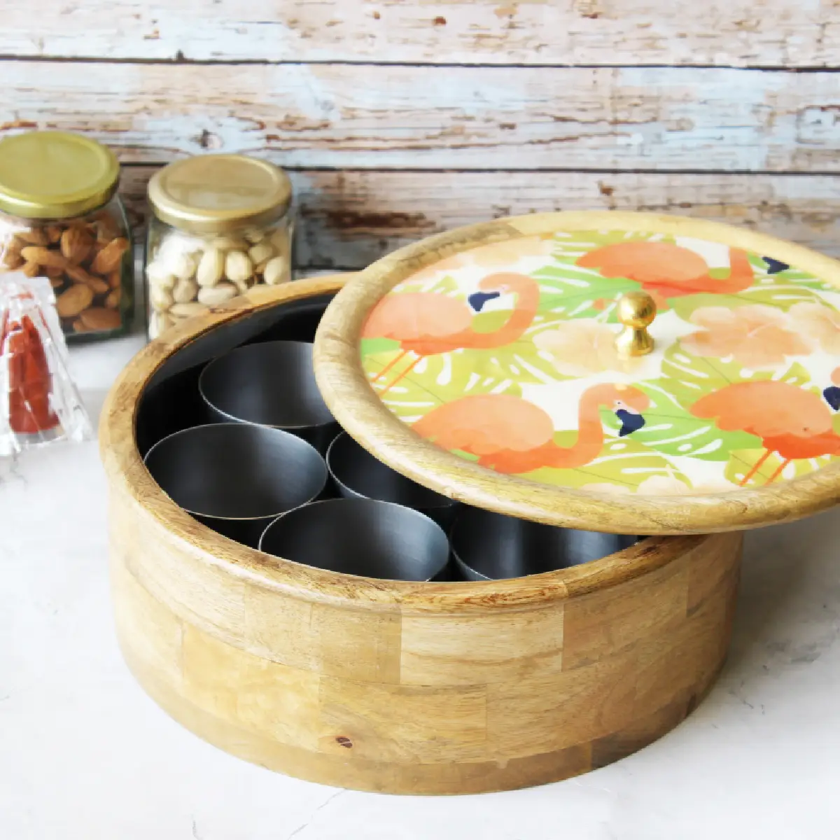 Flamingo Fiesta Mangowood with Stainless Steel Masala Box with Spoon