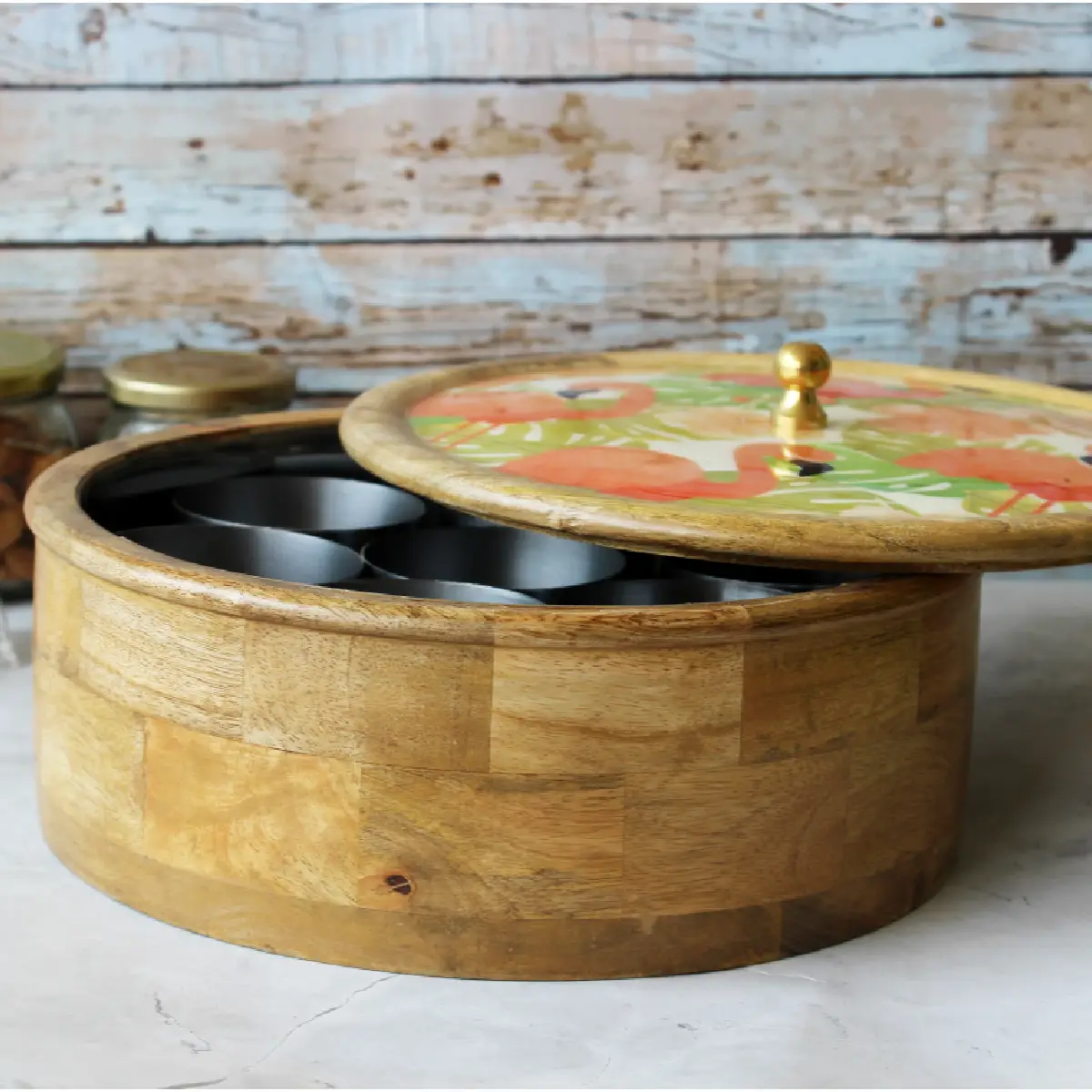 Flamingo Fiesta Mangowood with Stainless Steel Masala Box with Spoon