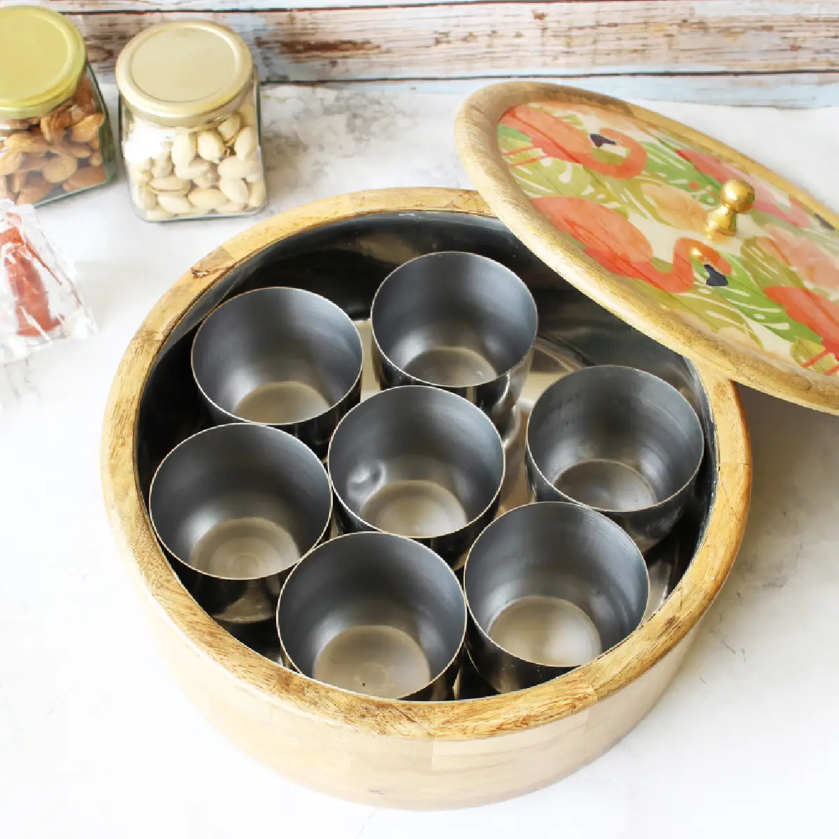 Flamingo Fiesta Mangowood with Stainless Steel Masala Box with Spoon