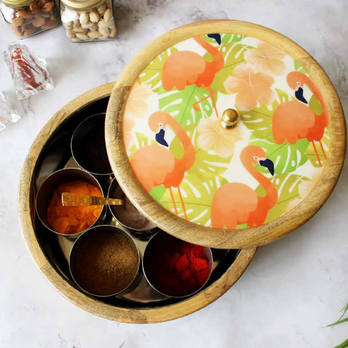 Flamingo Fiesta Mangowood with Stainless Steel Masala Box with Spoon