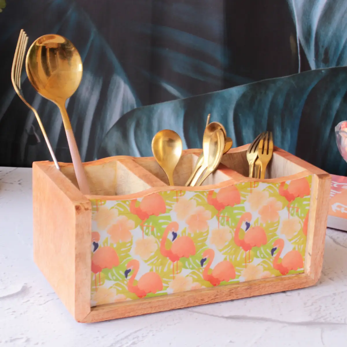 Flamingo Fiesta Mangowood Cutlery Holder
