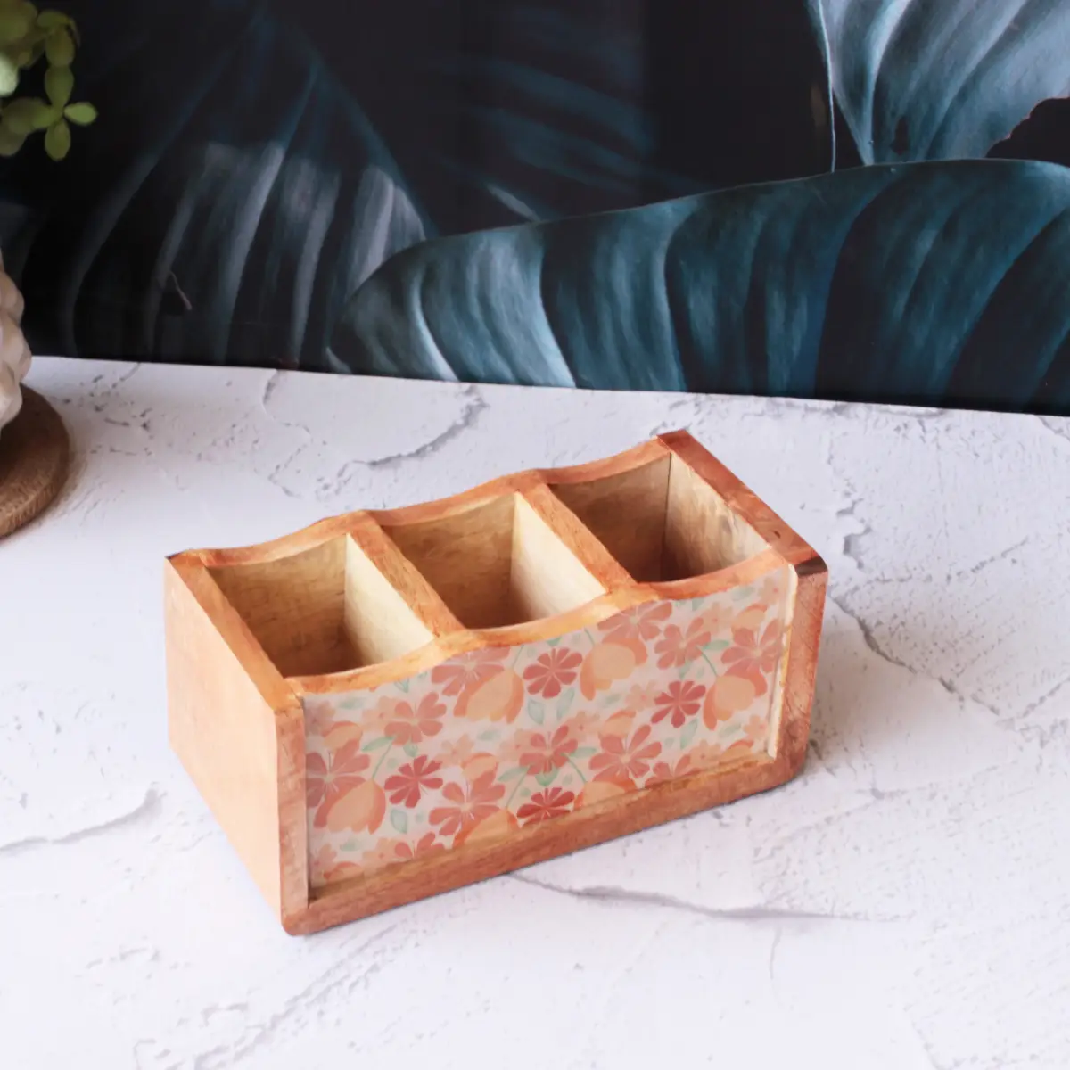 Peach Floral Mangowood Cutlery Holder