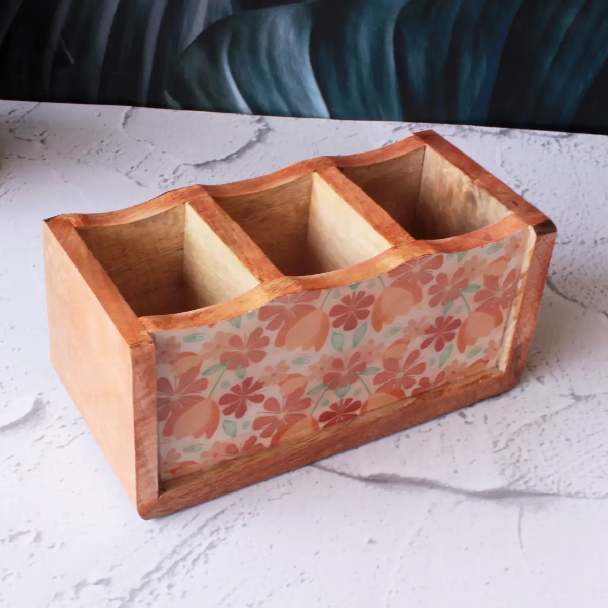 Peach Floral Mangowood Cutlery Holder