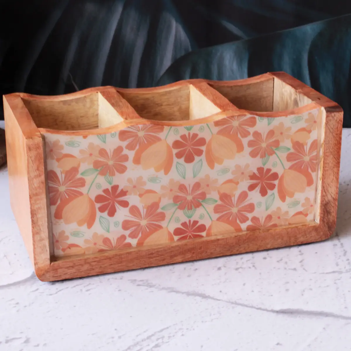 Peach Floral Mangowood Cutlery Holder