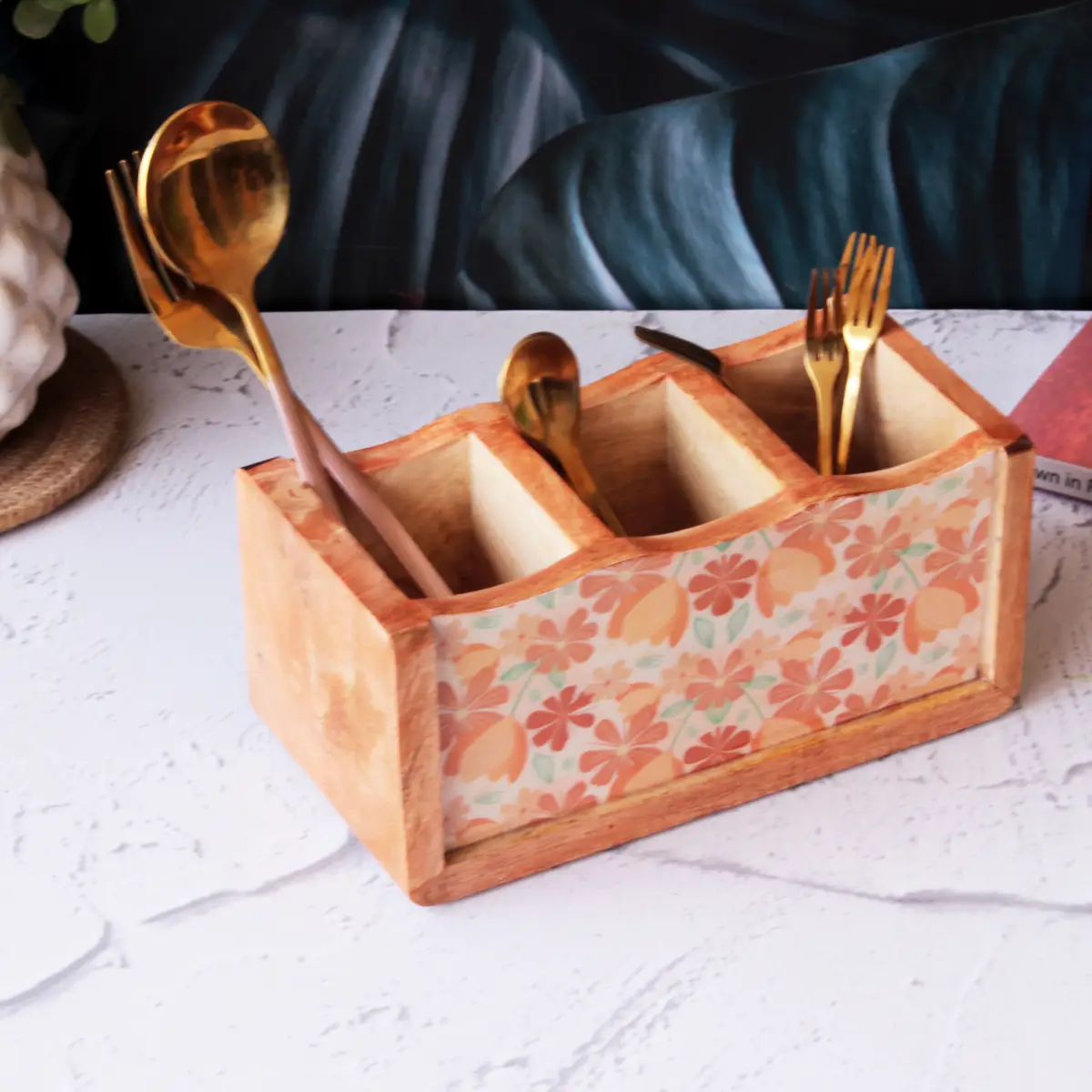 Peach Floral Mangowood Cutlery Holder