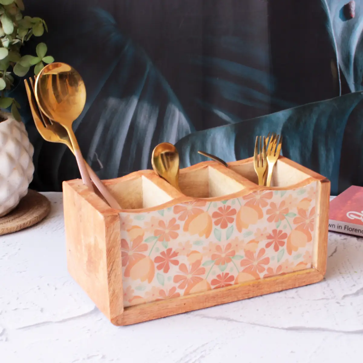Peach Floral Mangowood Cutlery Holder