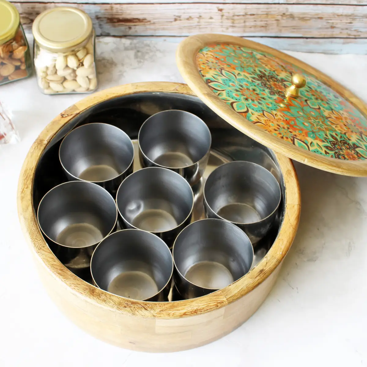 Fresh Squeeze Bloom  Mangowood with Stainless Steel Masala Box with Spoon