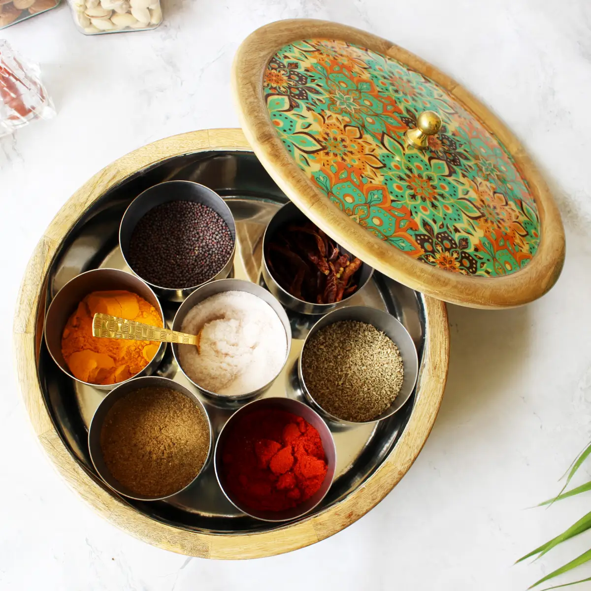 Fresh Squeeze Bloom  Mangowood with Stainless Steel Masala Box with Spoon