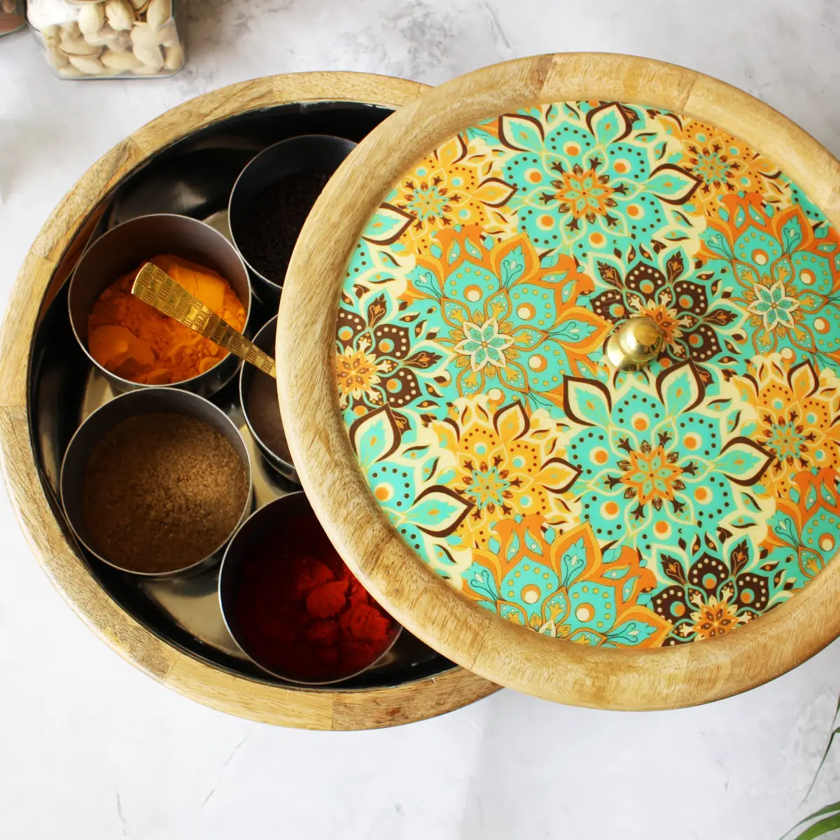 Fresh Squeeze Bloom  Mangowood with Stainless Steel Masala Box with Spoon