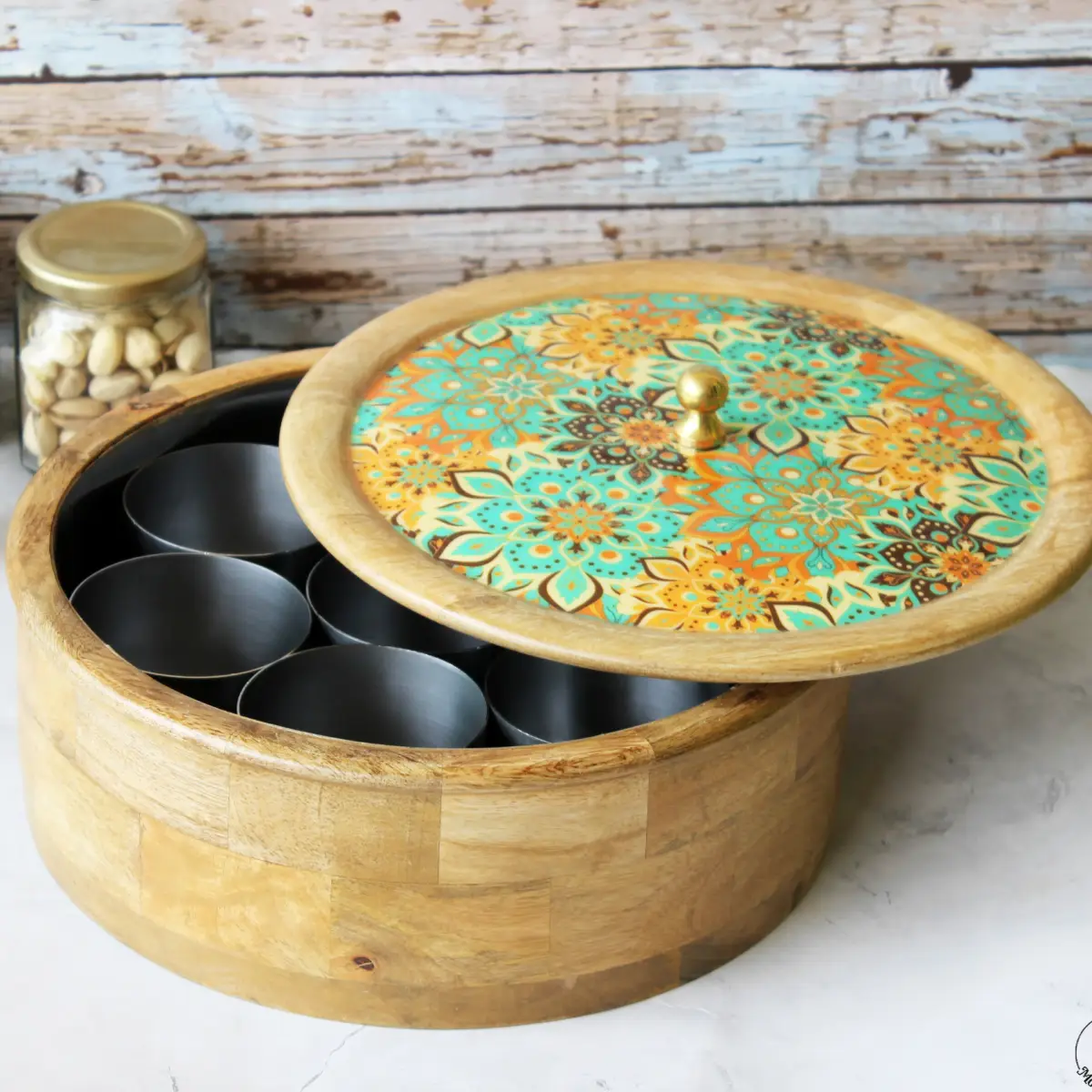 Fresh Squeeze Bloom  Mangowood with Stainless Steel Masala Box with Spoon