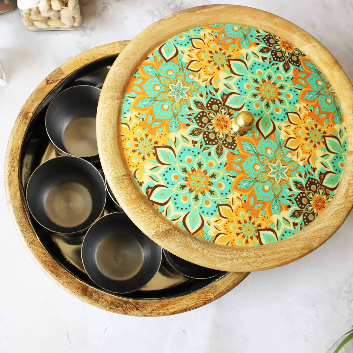 Fresh Squeeze Bloom  Mangowood with Stainless Steel Masala Box with Spoon