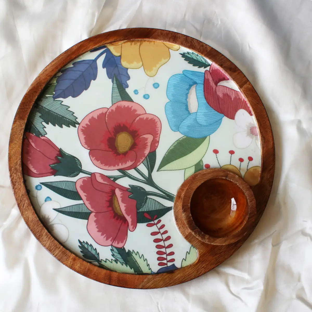 Pastel Paradise Mangowood Round Plate with Dip Bowl