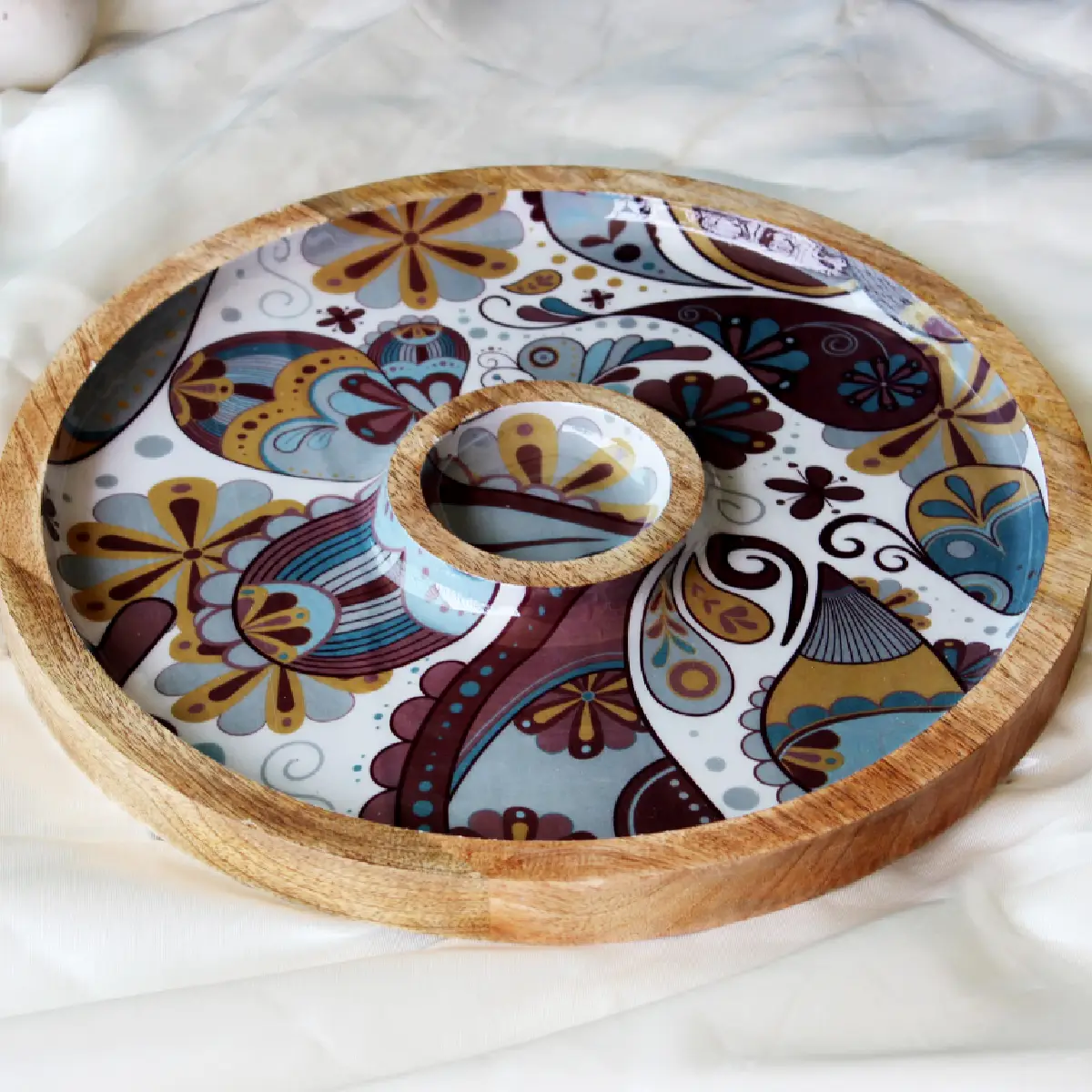 Boho Paisley Round Platter with Dip Compartment
