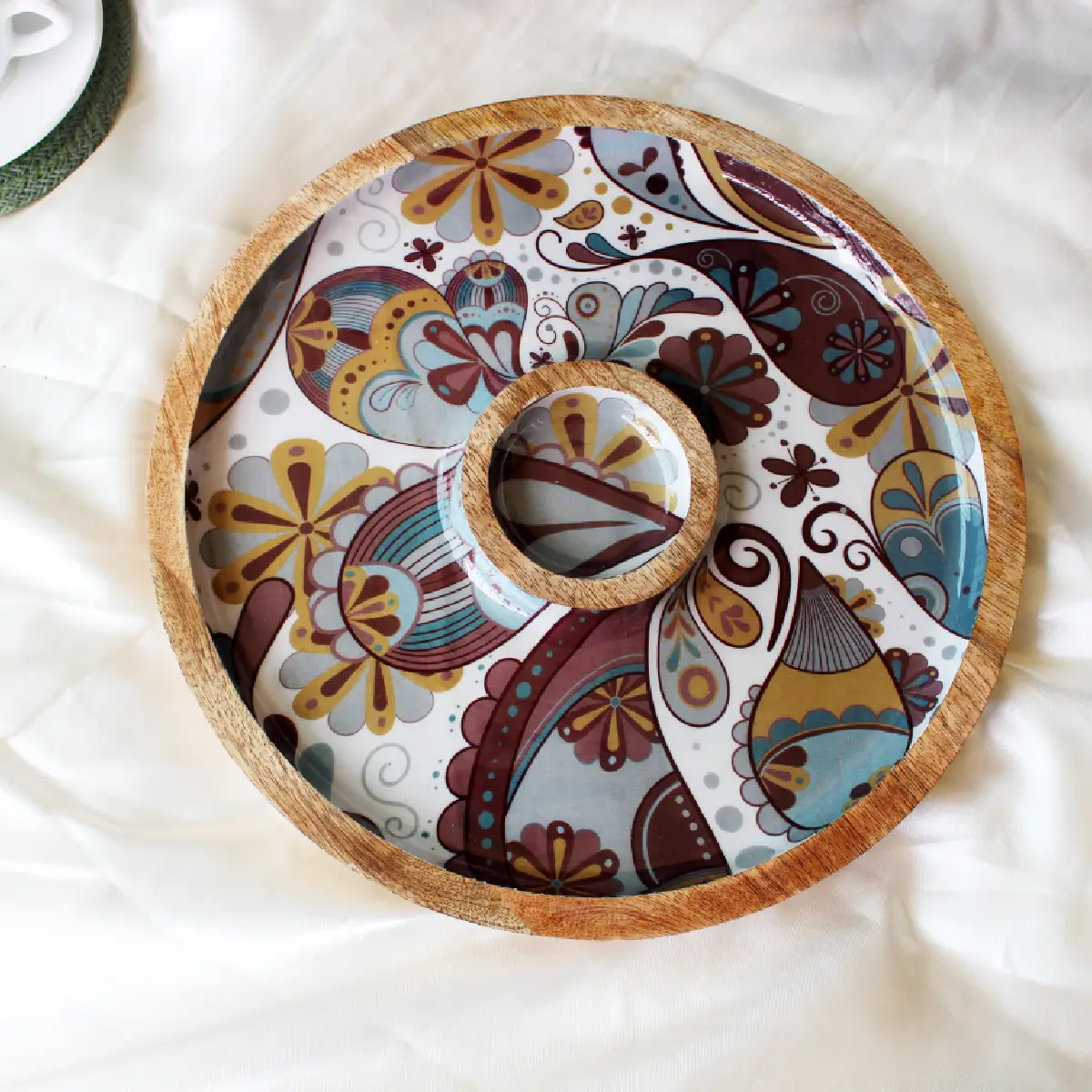 Boho Paisley Round Platter with Dip Compartment