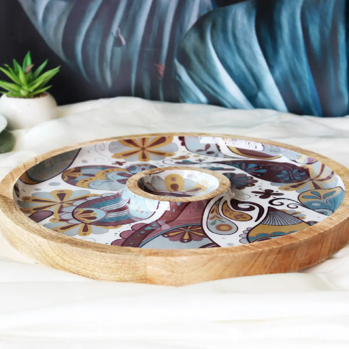 Boho Paisley Round Platter with Dip Compartment
