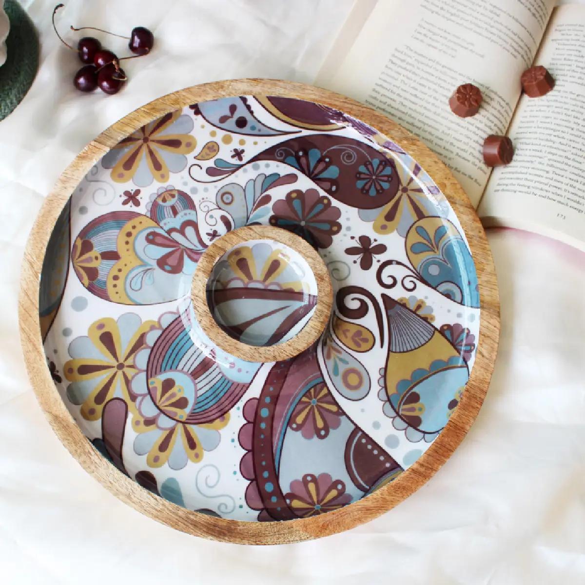 Boho Paisley Round Platter with Dip Compartment
